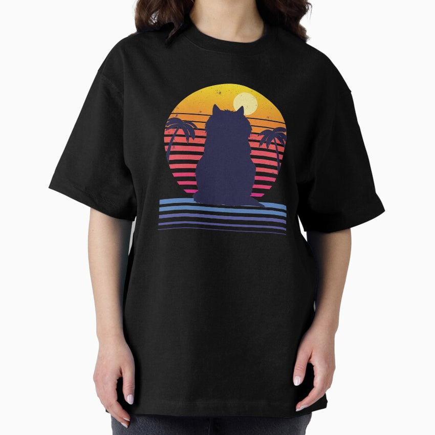 Cat Synthwave Aesthetic Oversized T-Shirt