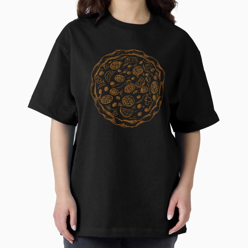 Brown Pencil Italian Pizza Sketch Oversized T-Shirt
