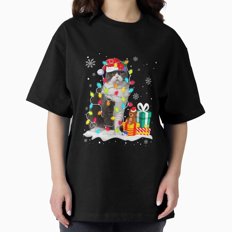 Funny Scottish Fold Christmas Light Oversized T-Shirt