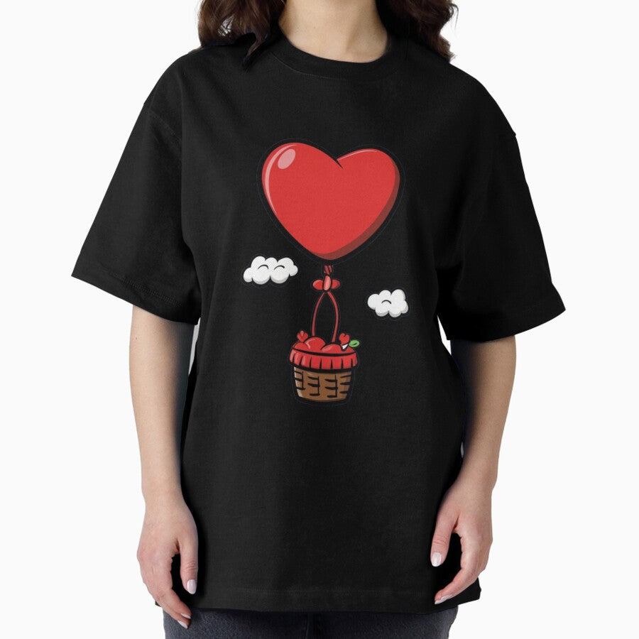 A Red Heart Balloon Floating In Sky Oversized T Shirt