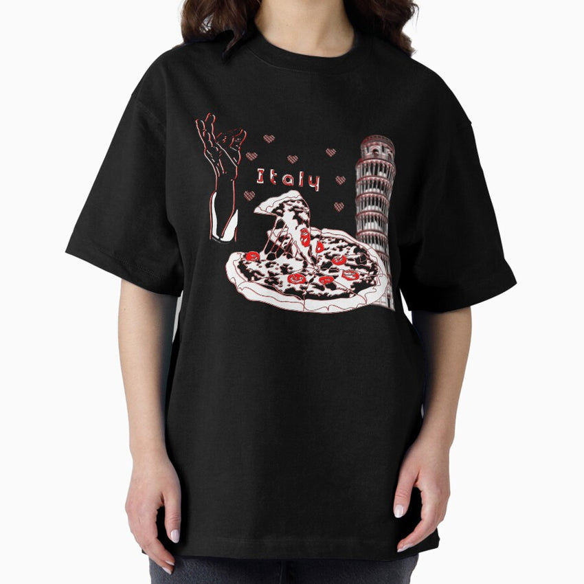 Iconic Italy Design with Pizza and Pisa Oversized T-Shirt