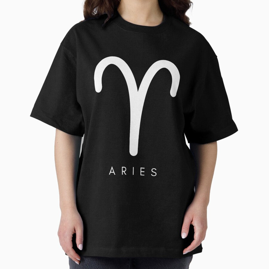 Minimilistic white Aries zodiac- Horescope/SunSign Theme on black back ground Oversized T-Shirt