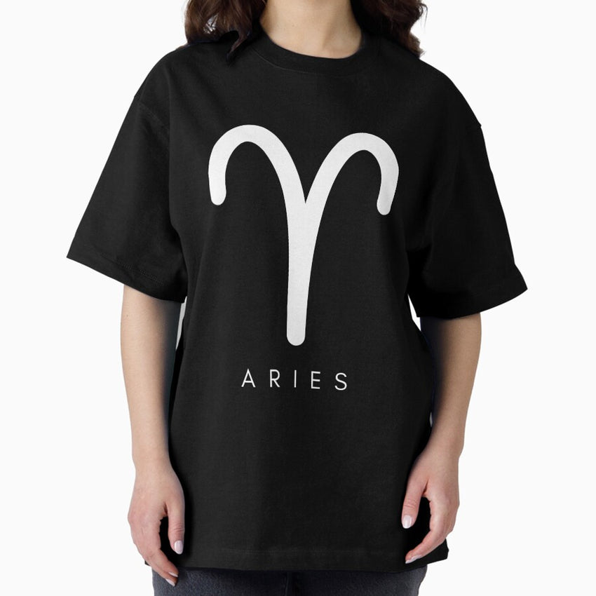 Minimilistic white Aries zodiac- Horescope/SunSign Theme on black back ground Oversized T-Shirt