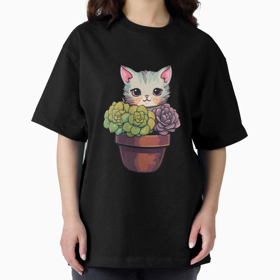 Succulent-Lover Cat - Cat with succulents Oversized T-Shirt