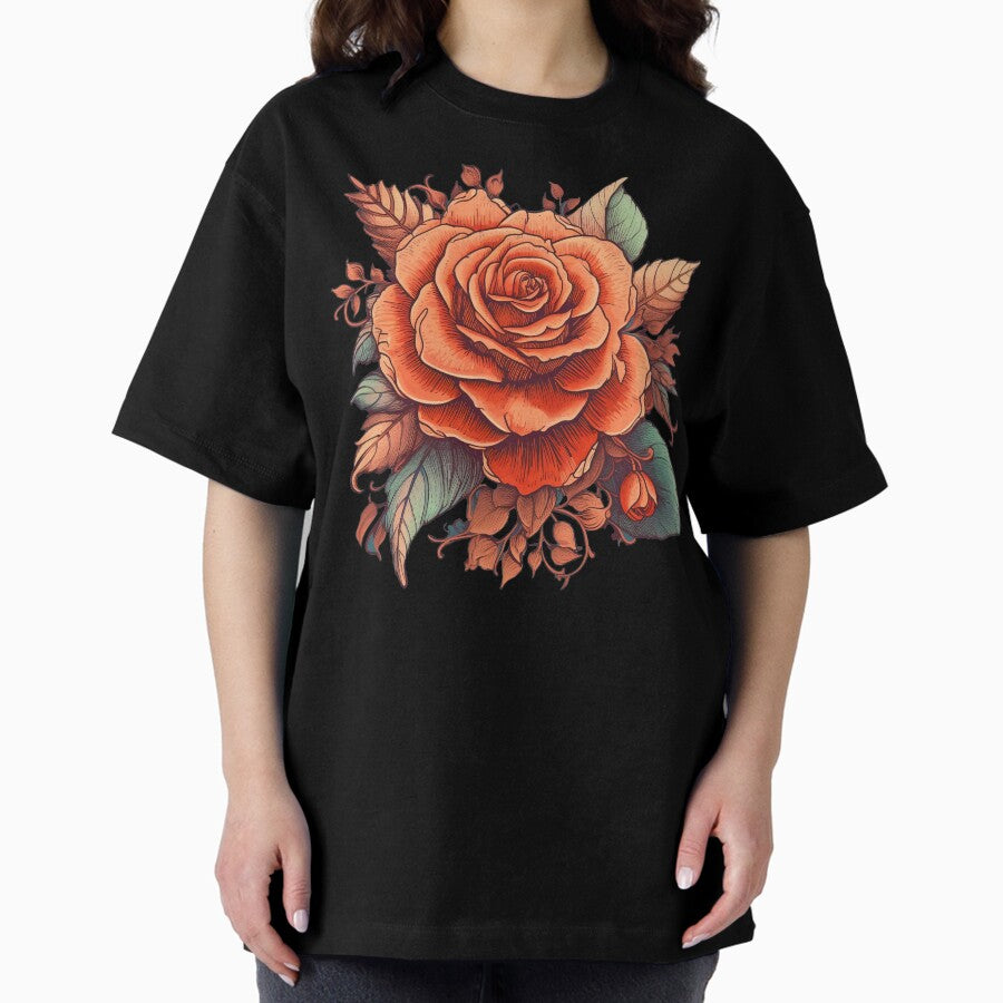 Vintage Rose Digital Illustration Oversized T-Shirt