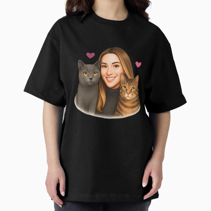 Catlover Mom – Cute Custom Cat Portrait with Heart Oversized T-Shirt