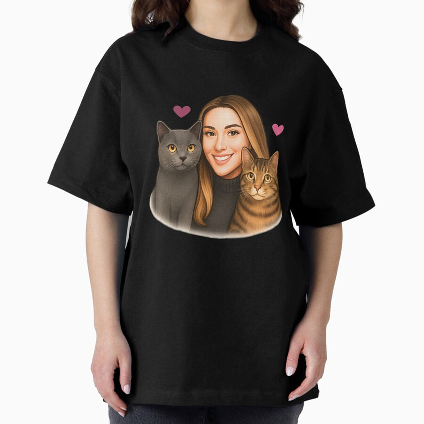 Catlover Mom – Cute Custom Cat Portrait with Heart Oversized T-Shirt