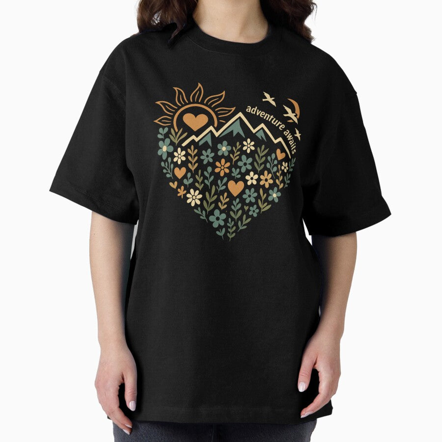 Adventure Awaits Heart Shaped Mountain Floral Nature Design Oversized T Shirt