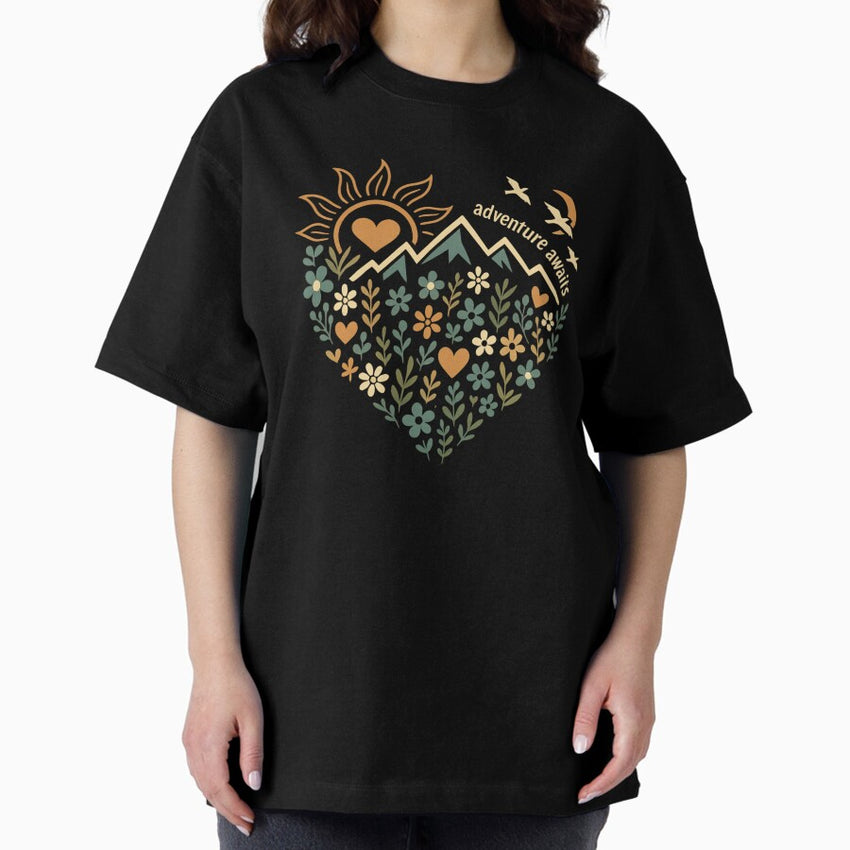 Adventure Awaits Heart Shaped Mountain Floral Nature Design Oversized T Shirt