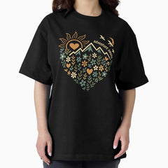 Adventure Awaits Heart Shaped Mountain Floral Nature Design Oversized T Shirt