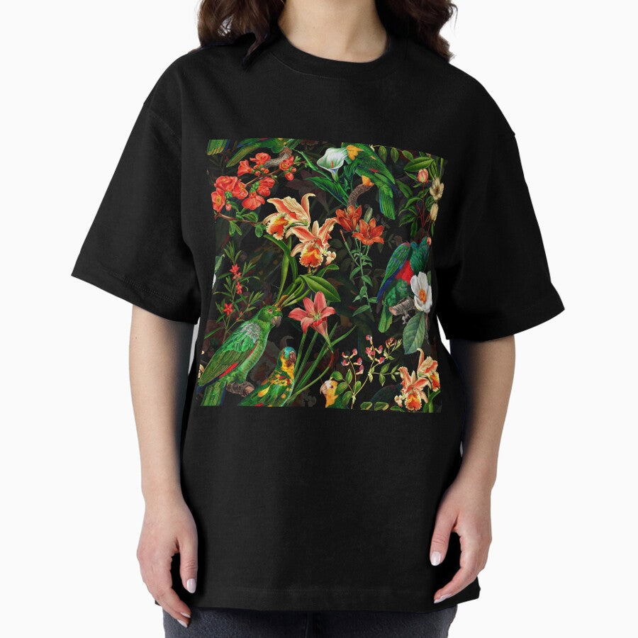 Pierre Joseph Redoute tropical vintage jungle flowers and parrots nostalgic mystic Botanical Night Garden pattern Nightgarden Oversized T-Shirt
