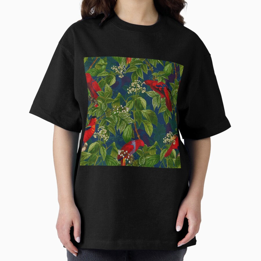 Vintage Red Parrot in Green Jungle Pattern Botanical Night Garden Nightgarden Oversized T-Shirt