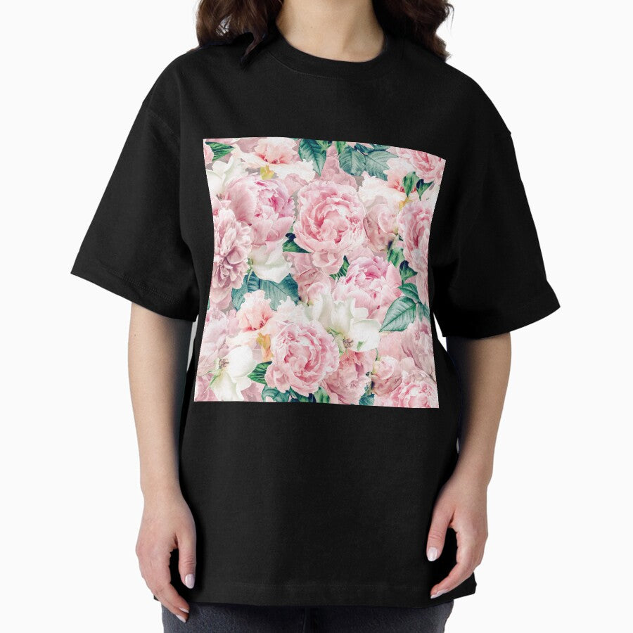 Vintage Blush Real Peonies Botanical Garden Pattern Oversized T-Shirt