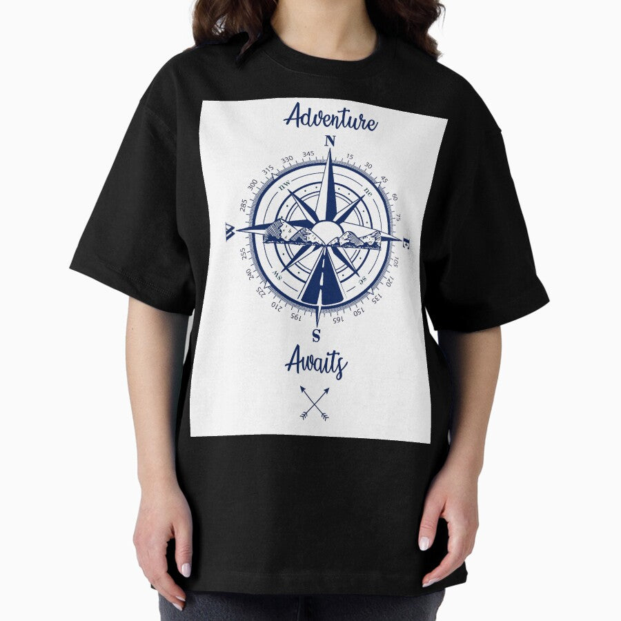 Adventure Awaits Compass Mountain Design Oversized T Shirt