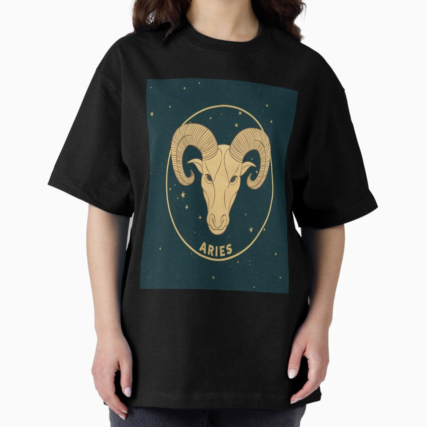TDSUK Zodiac Designs: Aries Rams Head With Stern Eyes Oversized T-Shirt