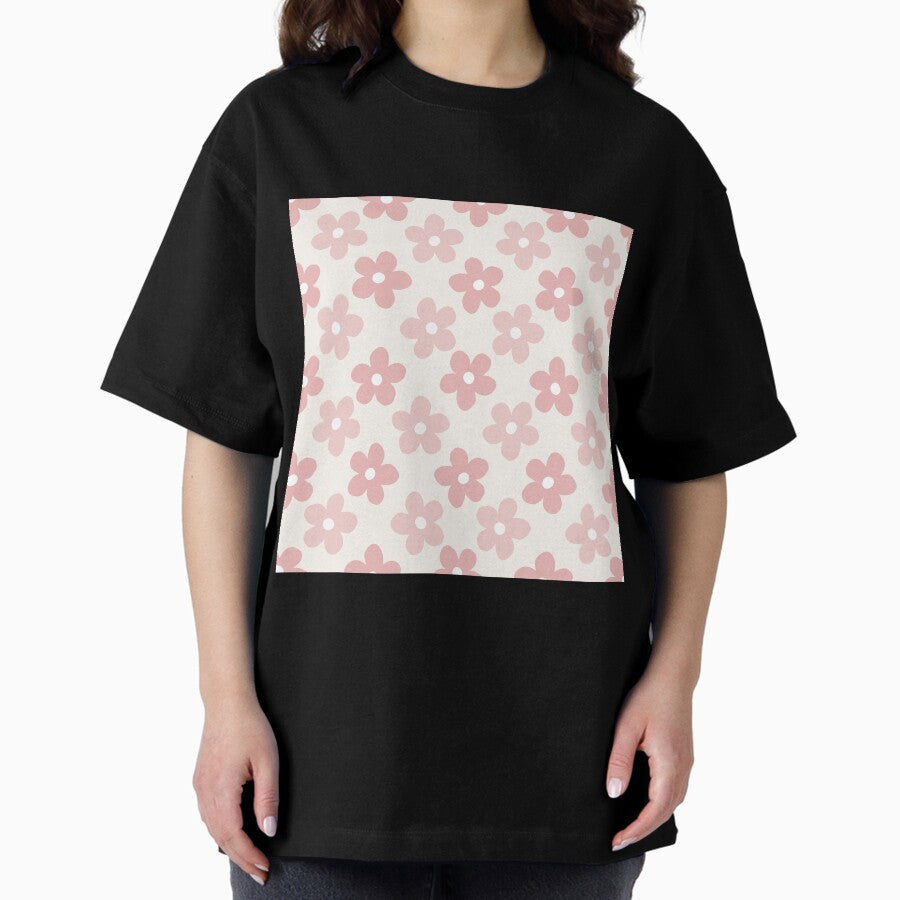 Pink Cream Daisy Flowers Retro Pattern Oversized T-Shirt