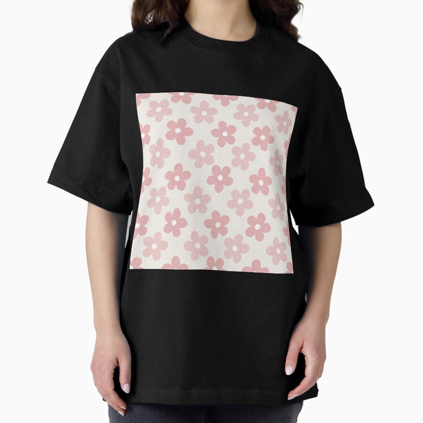 Pink Cream Daisy Flowers Retro Pattern Oversized T-Shirt