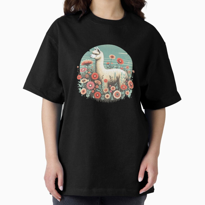 Alpaca with Blooming Flowers T-Shirt Oversized T-Shirt