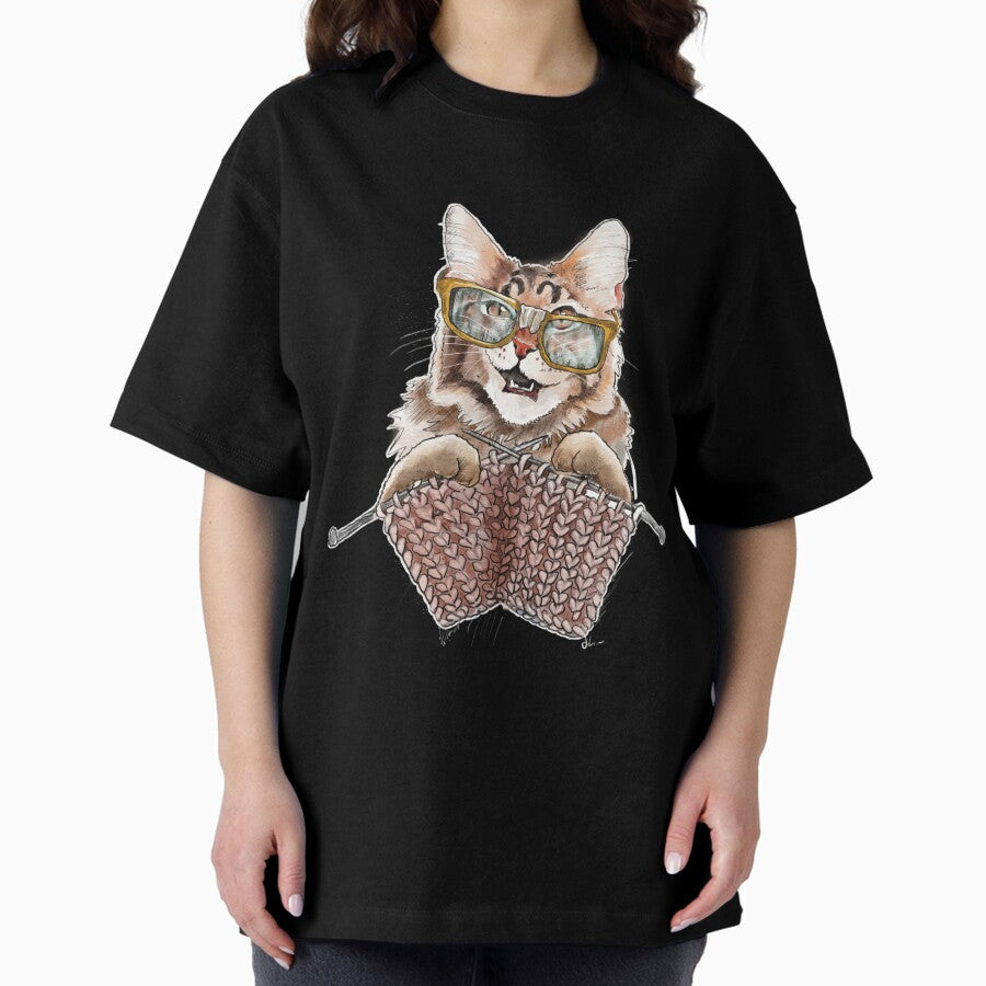 Cat with Glasses knitting a sweater Oversized T-Shirt
