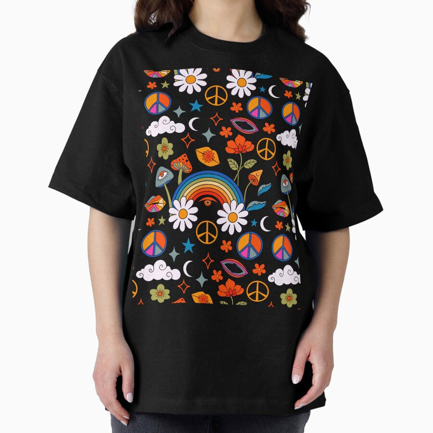 70S Retro Hippie Print Oversized T Shirt