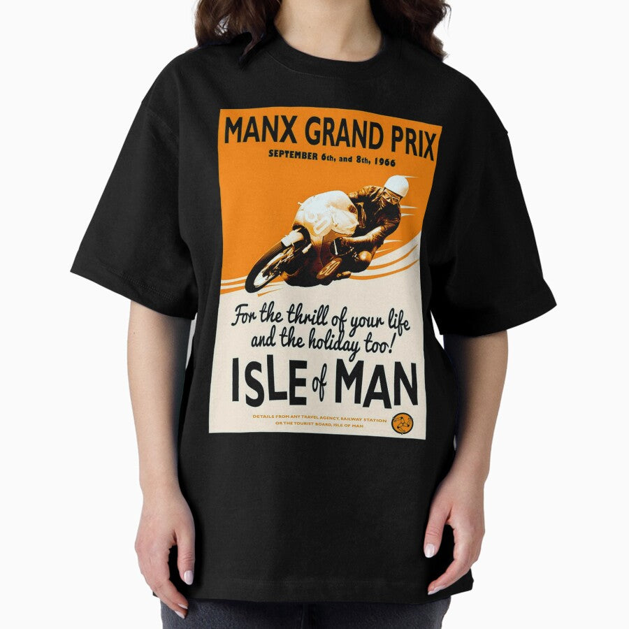 "MANX GRAND PRIX" Motorcycle Racing Print Oversized T-Shirt