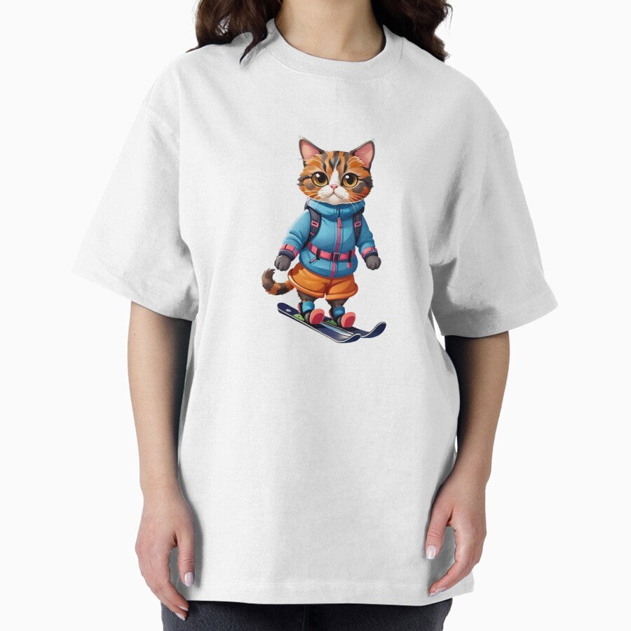 Cool cat tortie skiing Oversized T-Shirt