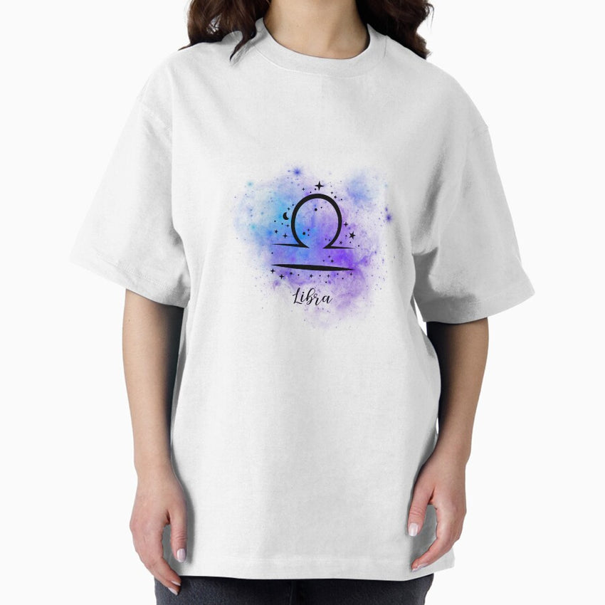 Libra Zodiac Sign Art | Blue and Purple Cosmic Design Oversized T-Shirt