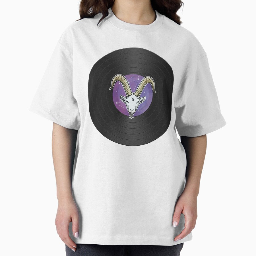Capricorn Vinyl Print – Ambitious Zodiac Record Art Oversized T-Shirt