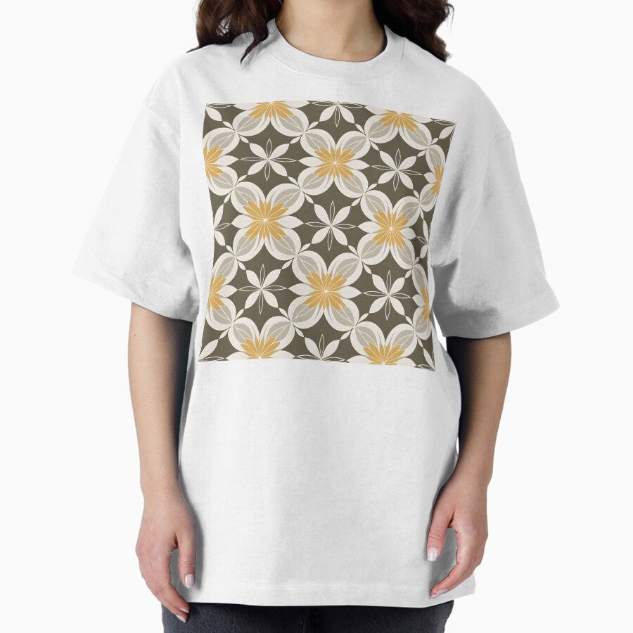 Mid Mod, Retro flower Pattern, Brown, Yellow Oversized T-Shirt