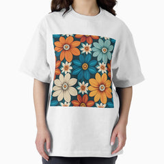 Retro 70s, Flower Power, Orange, Cyan #3 Oversized T-Shirt